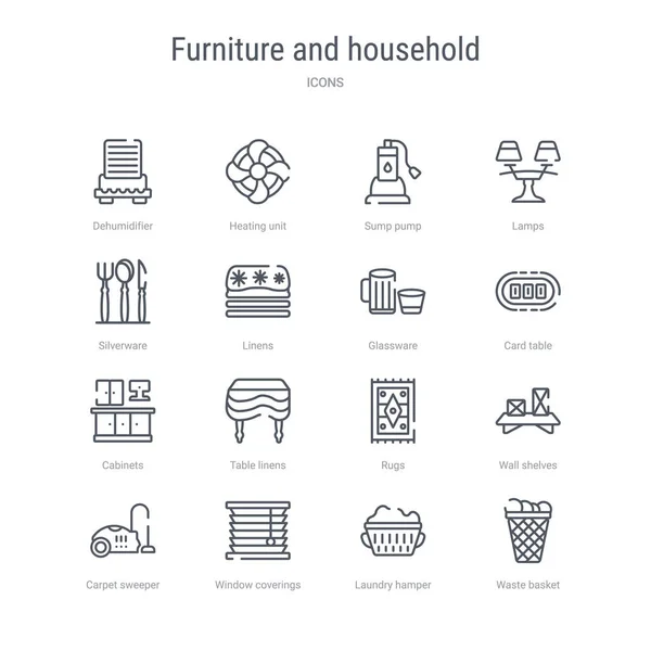 Set van 16 meubels en huishoudelijke concept vector lijn iconen dergelijke — Stockvector