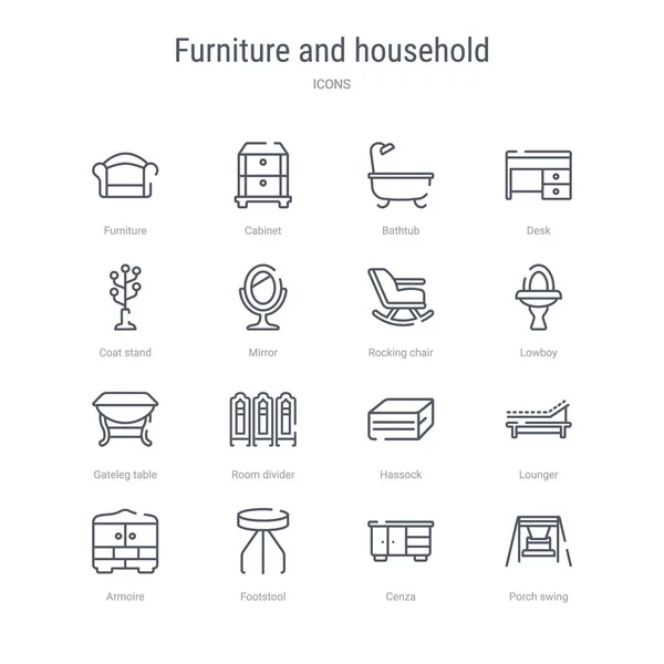 Conjunto de 16 muebles y el concepto del hogar iconos de la línea de vectores tales — Vector de stock