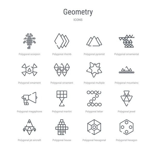 Set van 16 geometrie concept vector lijn iconen zoals veelhoekige h — Stockvector