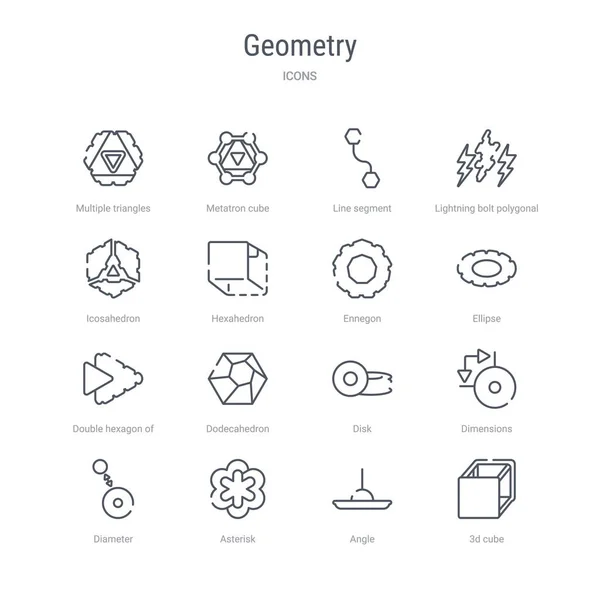 Set of 16 geometry concept vector line icons such as 3d cube, an — Stock Vector