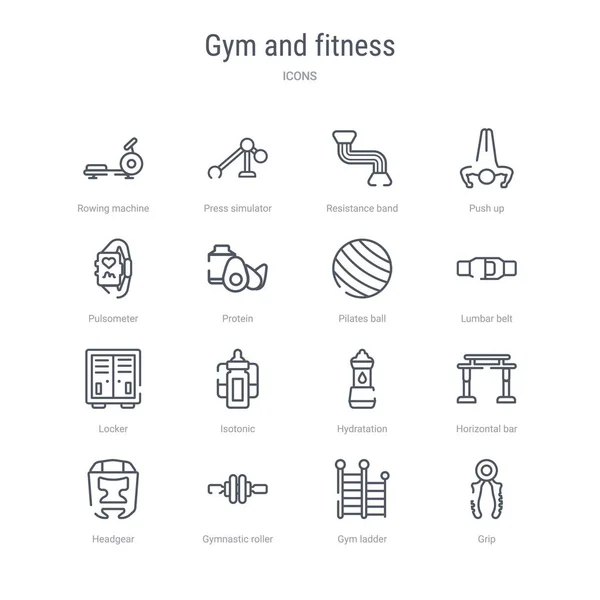 Σετ 16 εικονιδίων γυμναστικής και γυμναστικής, όπως λαβή — Διανυσματικό Αρχείο