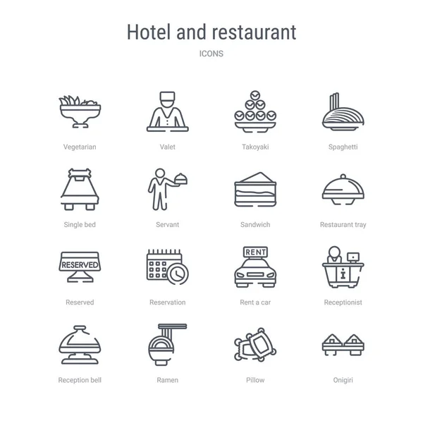 Satz von 16 Hotel- und Restaurantkonzepten mit Vektorzeilensymbolen wie — Stockvektor