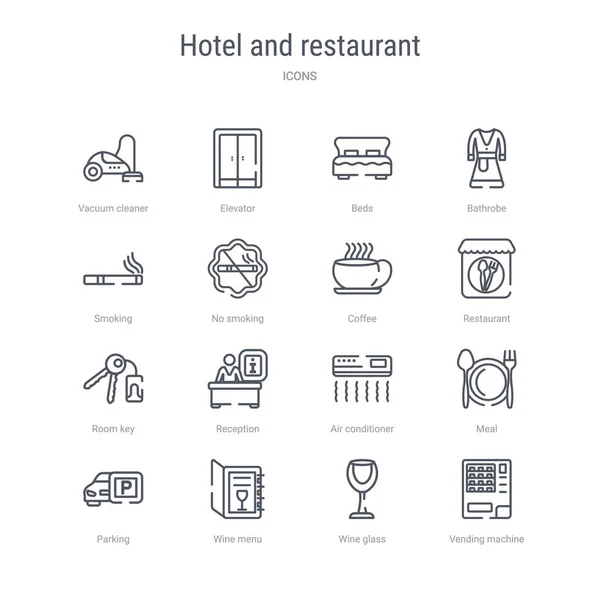 Gibi 16 otel ve restoran konsepti vektör hattı simgeleri kümesi — Stok Vektör