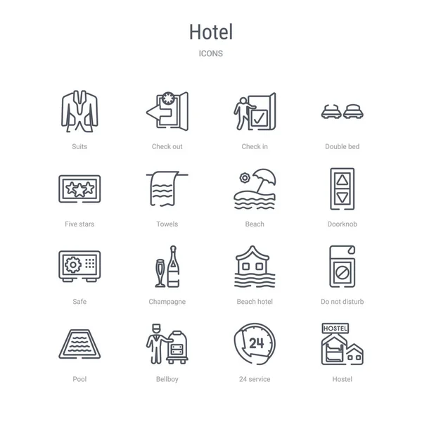 Sada 16 ikon v hotelových koncepčních čar, jako je Hostel, 24 ser — Stockový vektor