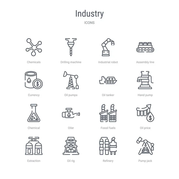 Set of 16 industry concept vector line icons such as pump jack, — Stock Vector