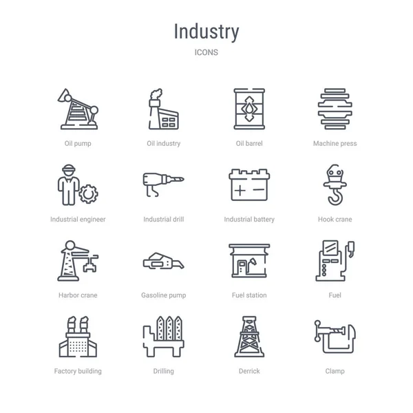 クランプ、derrなどの16の業界コンセプトベクトルラインアイコンのセット — ストックベクタ