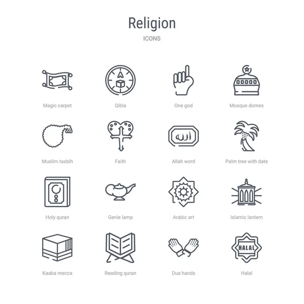 Conjunto de 16 iconos de línea vectorial concepto de religión tales como halal, dua — Vector de stock