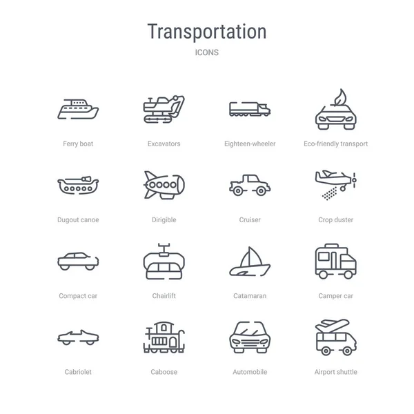 Satz von 16 Vektorlinien-Symbolen für Transportkonzepte wie Airpo — Stockvektor