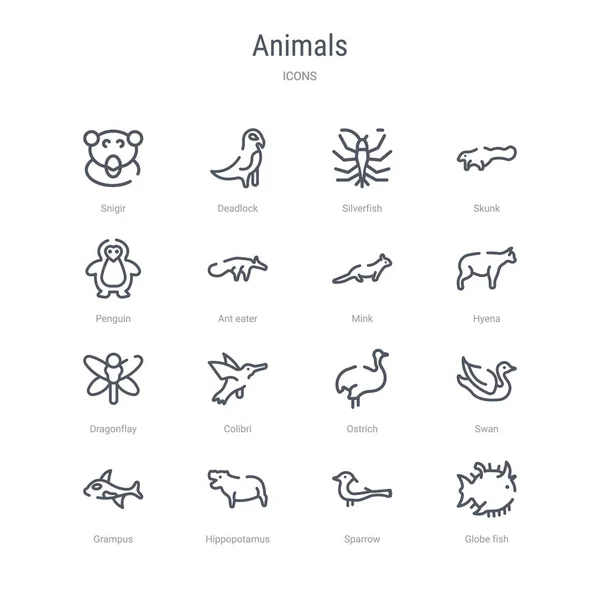 Set of 16 animals concept vector line icons such as globe fish, — Stock Vector