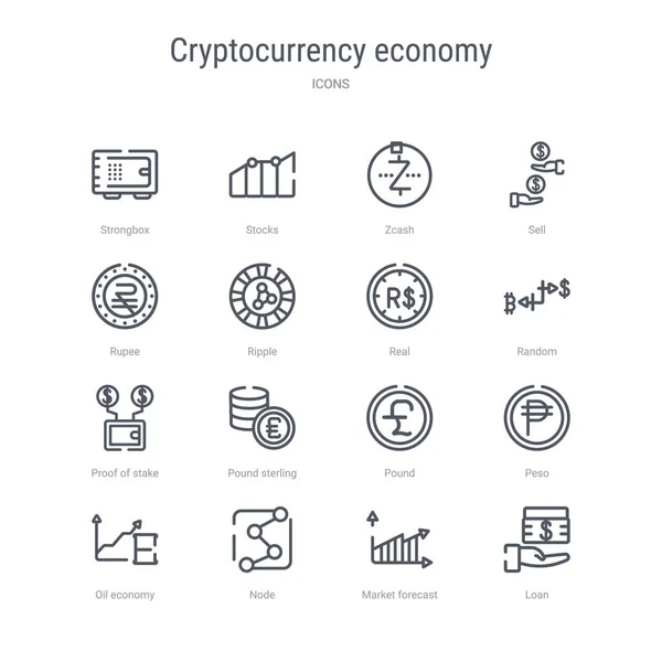 Conjunto de 16 criptomoneda economía concepto vector línea iconos tales — Vector de stock