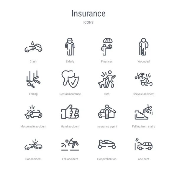 Conjunto de 16 ícones de linha vetorial conceito de seguro, como acidente , —  Vetores de Stock