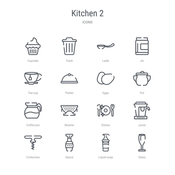 Set von 16 Küche 2 Konzept-Vektor-Linie Symbole wie Glas, liq — Stockvektor