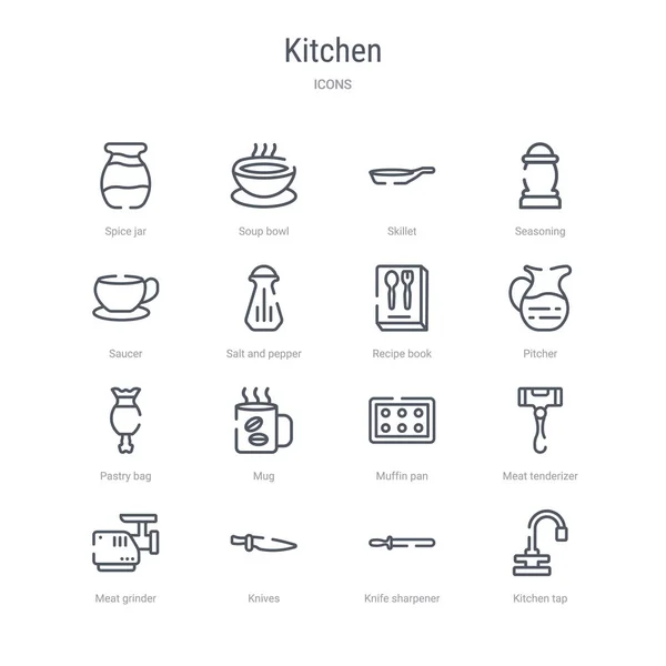 Ensemble de 16 icônes de ligne vectorielle de concept de cuisine telles que robinet de cuisine , — Image vectorielle