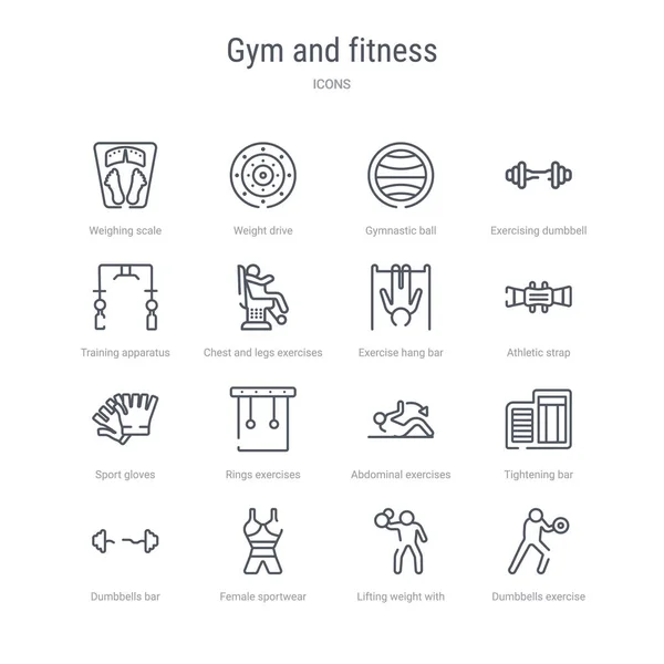Set of 16 gym and fitness concept vector line icons such as dumb — Stock Illustration Set of 16 gym and fitness concept vector line icons such as dumb Royalty Free Stock Illustrations