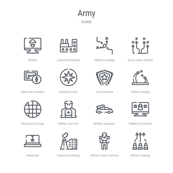 Set of 16 army concept vector line icons such as military strate — Stock Illustration Set of 16 army concept vector line icons such as military strate Royalty Free Stock Illustrations