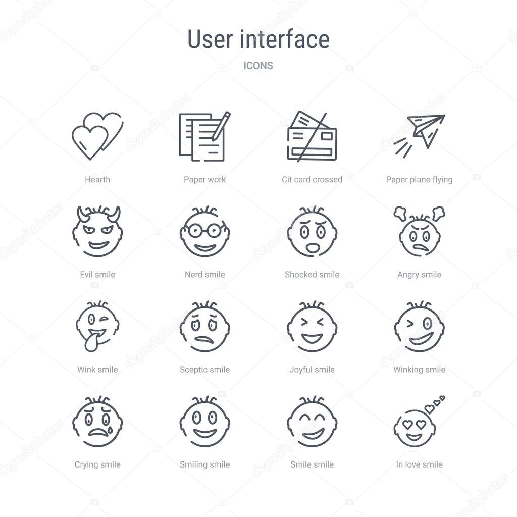 Set of 16 user interface concept vector line icons such as in love smile, smile smile, smiling crying winking joyful sceptic wink 64x64 thin stroke icons