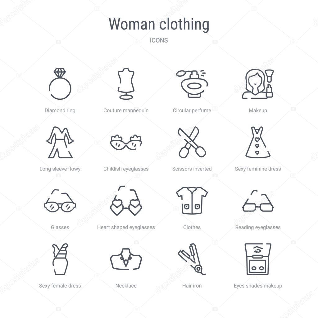 set of 16 woman clothing concept vector line icons such as eyes 
