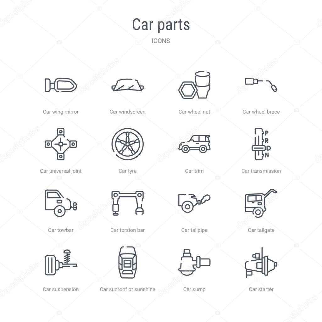 set of 16 car parts concept vector line icons such as car starte