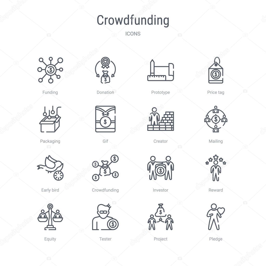 Set of 16 crowdfunding concept vector line icons such as pledge, project, tester, equity, reward, investor, crowdfunding, early bird. 64x64 thin stroke icons