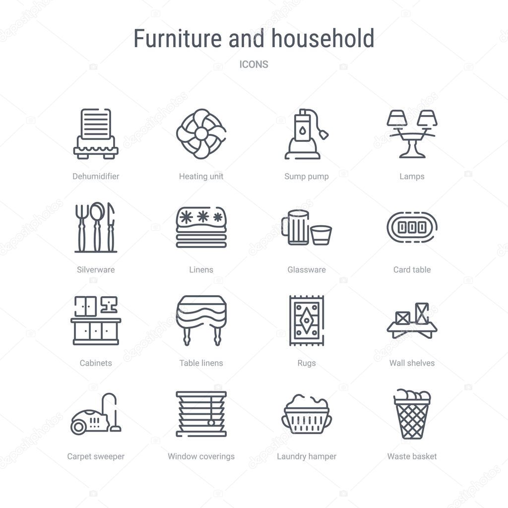 set of 16 furniture and household concept vector line icons such