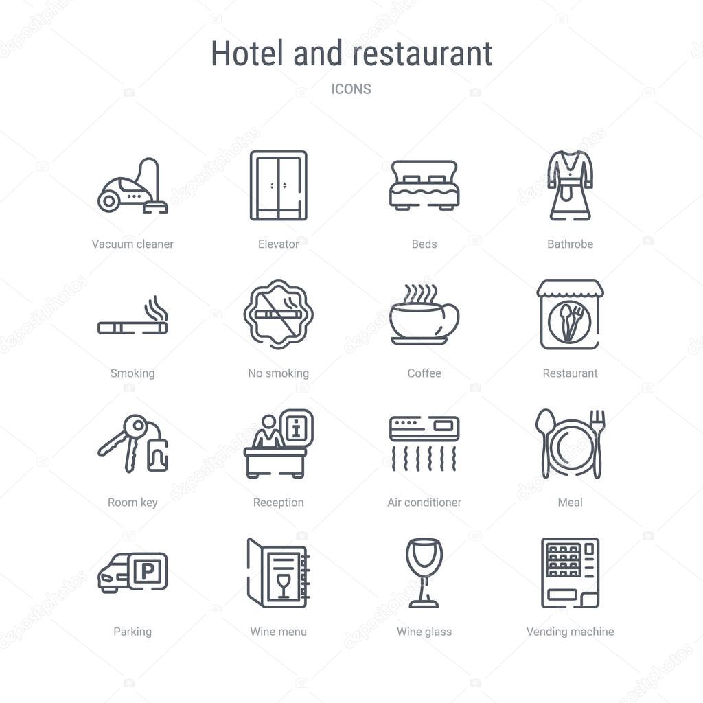 set of 16 hotel and restaurant concept vector line icons such as