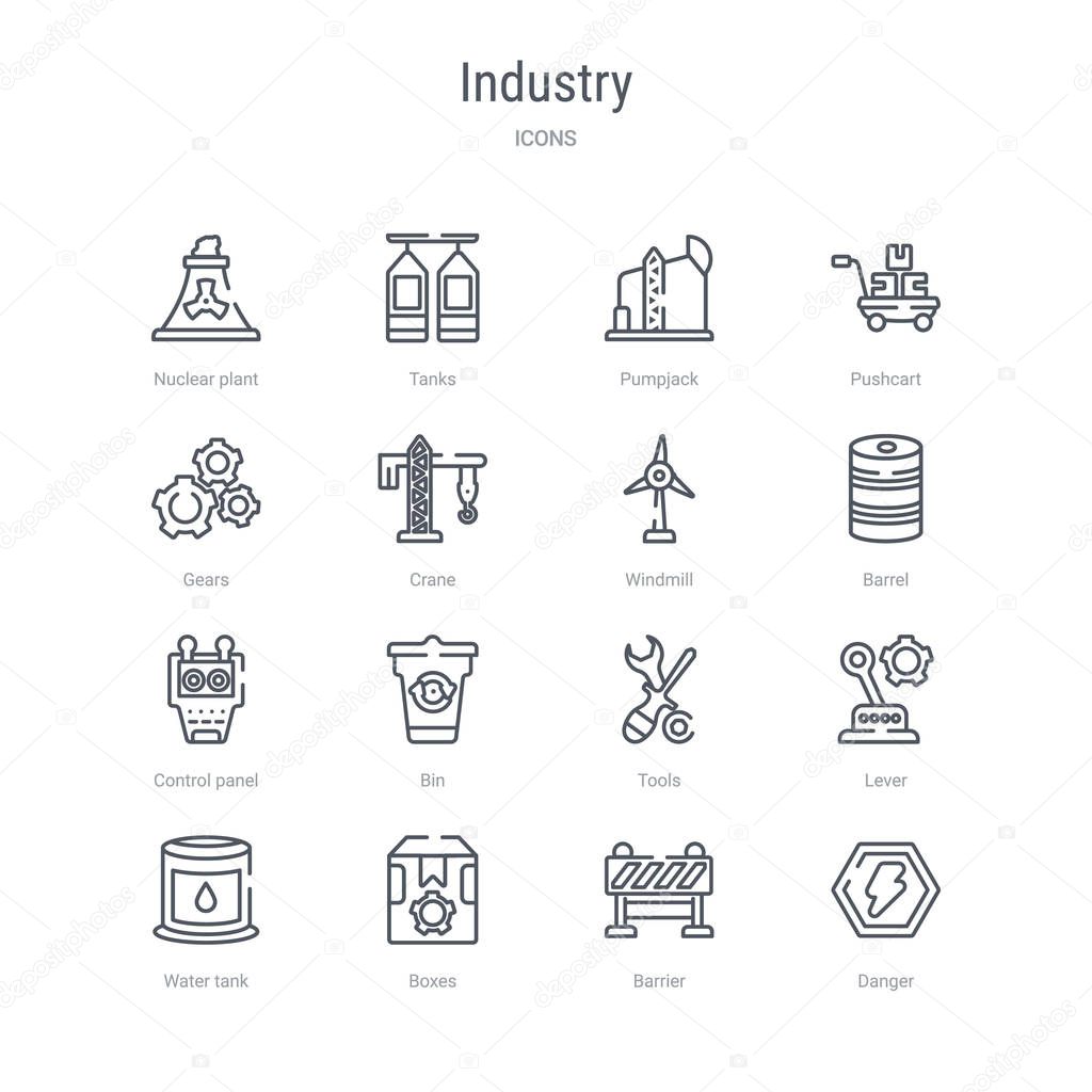 set of 16 industry concept vector line icons such as danger, bar