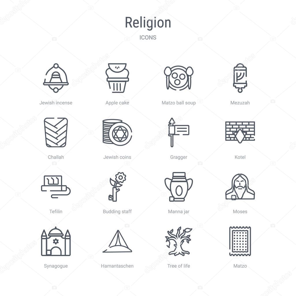set of 16 religion concept vector line icons such as matzo, tree