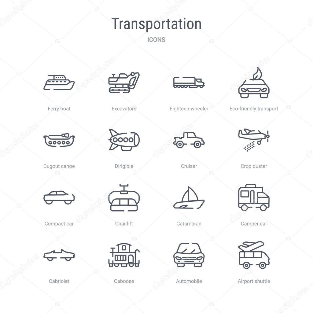 set of 16 transportation concept vector line icons such as airpo
