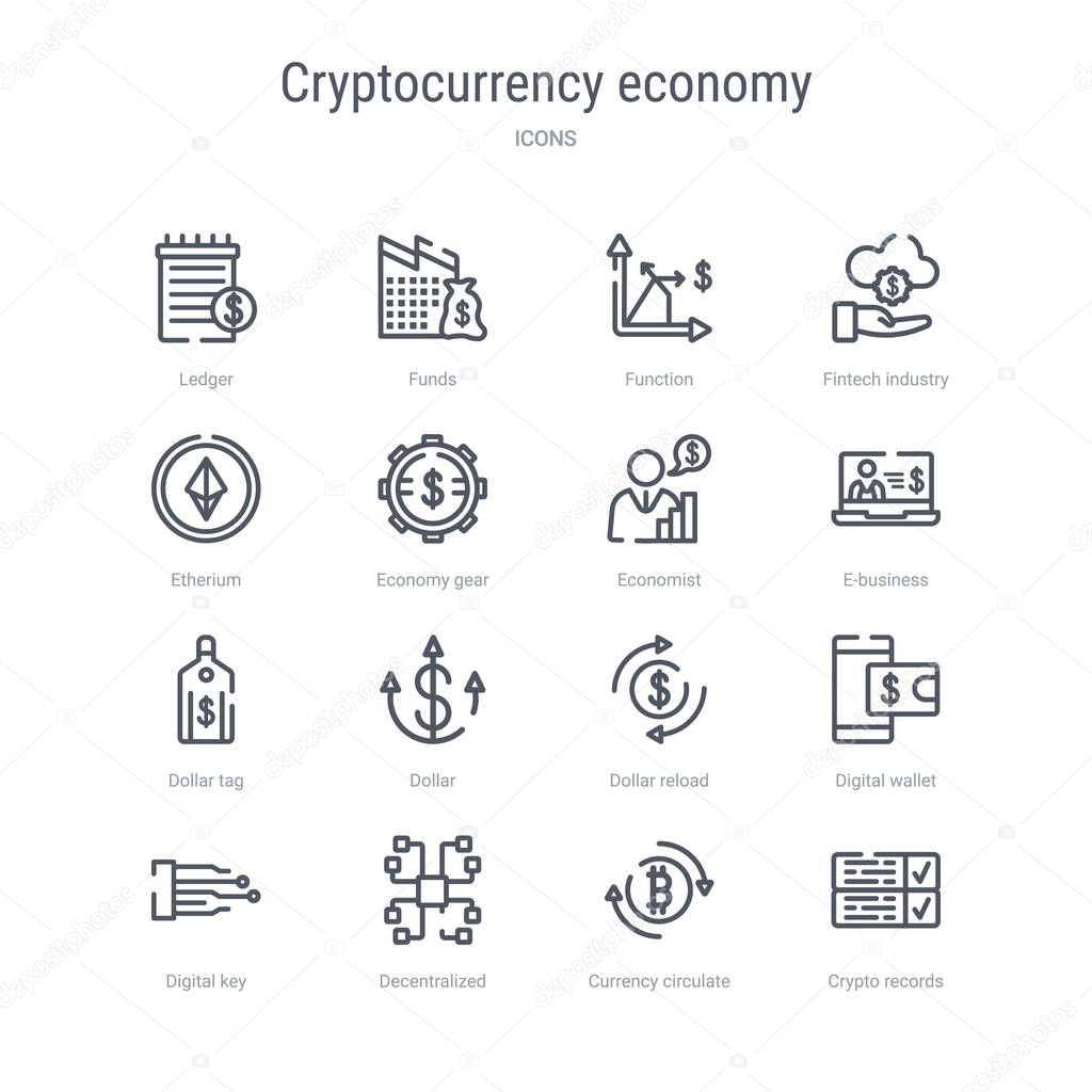 set of 16 cryptocurrency economy concept vector line icons such 