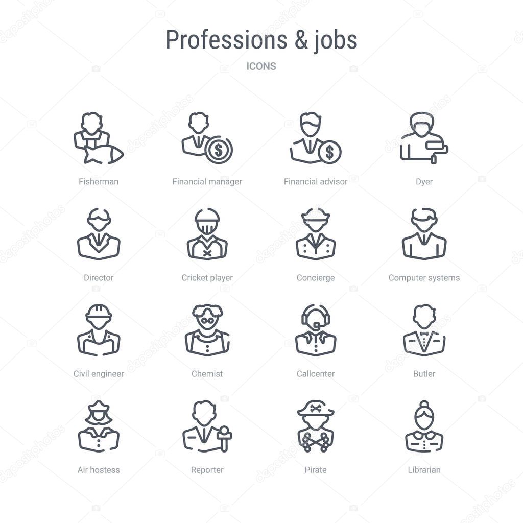 set of 16 professions & jobs concept vector line icons such as l