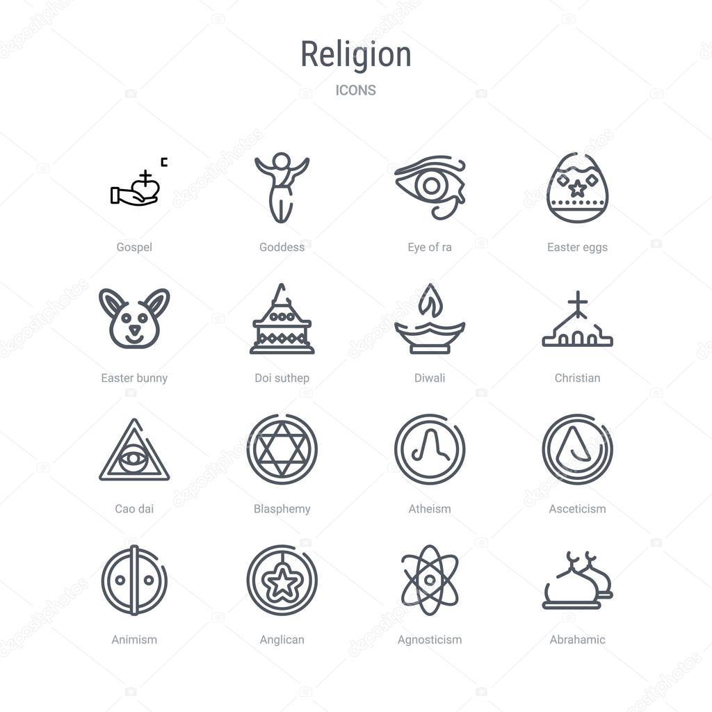set of 16 religion concept vector line icons such as abrahamic, 