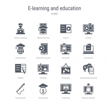 mesafe öğretmen, e öğrenme, sch gibi 16 vektör simgeleri kümesi
