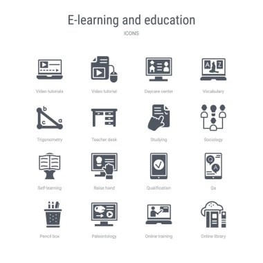 çevrimiçi kütüphane, çevrimiçi eğitim gibi 16 vektör simgesi kümesi, 
