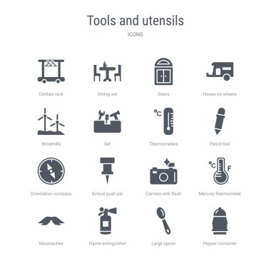 biber konteyner, büyük kaşık, fl gibi 16 vektör simgeleri kümesi