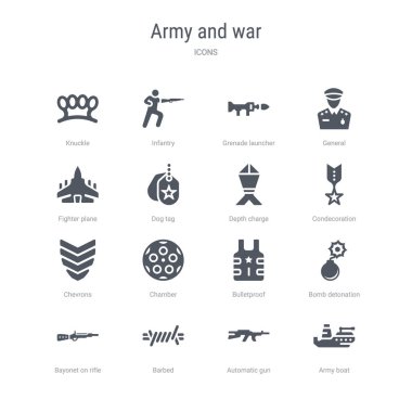 ordu tekne, otomatik silah, dikenli gibi 16 vektör simgeleri kümesi,