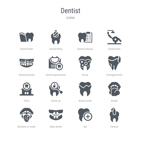 Набір з 16 векторних іконок, таких як тампон, допомога, дитячий стоматолог, бактерія — стоковий вектор