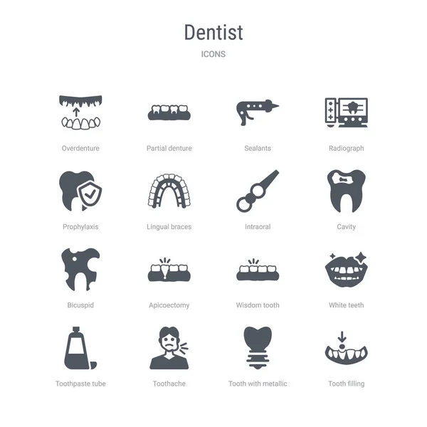 Conjunto de 16 ícones vetoriais como obturação dentária, dente com metali —  Vetores de Stock