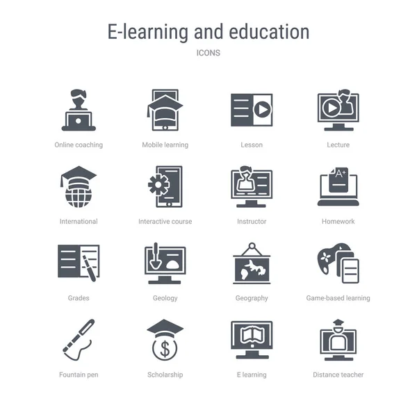 거리 교사, e 학습, sch와 같은 16 개의 벡터 아이콘 세트 — 스톡 벡터