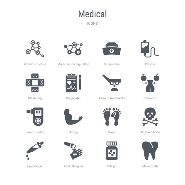 Conjunto de 16 iconos vectoriales como diente molar, píldoras tarro, caída de ácido — Archivo Imágenes Vectoriales