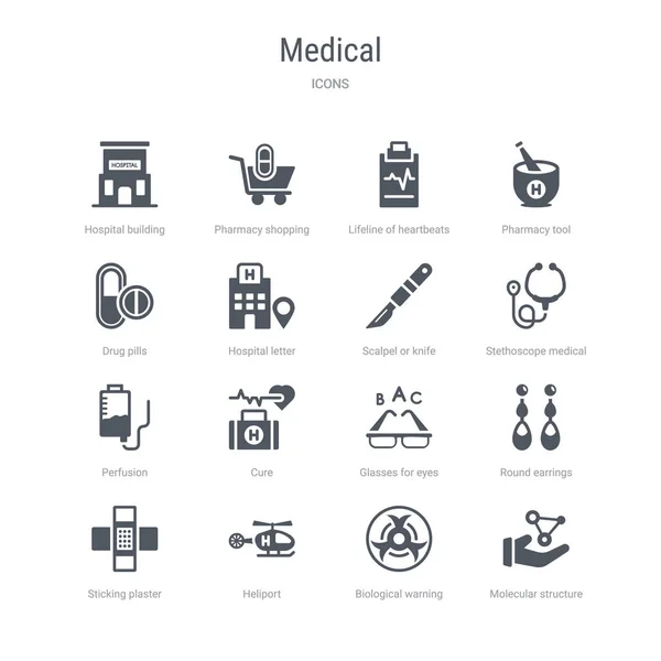 Conjunto de 16 ícones vetoriais, tais como estrutura molecular, biológica w — Vetor de Stock