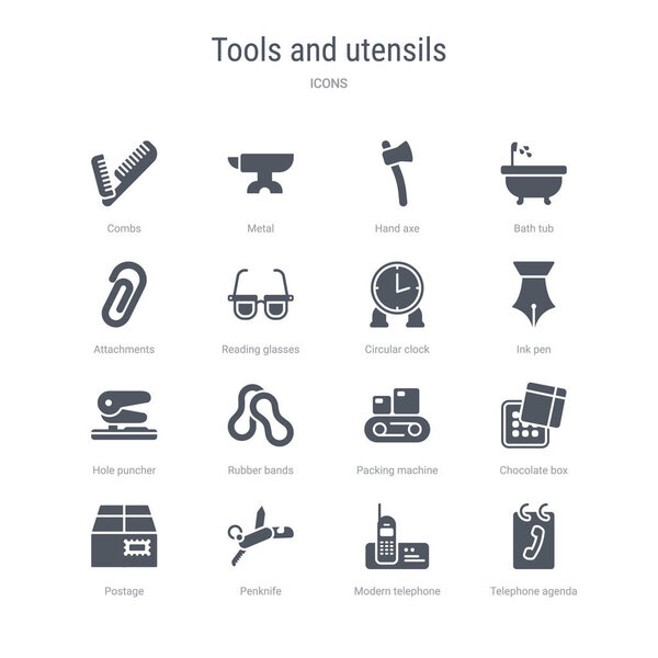 набор из 16 векторных значков, таких как телефонная повестка дня, современный телефон
