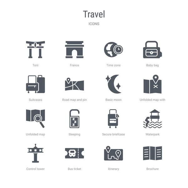 Conjunto de 16 ícones vetoriais, como brochura, itinerário, bilhete de ônibus , — Vetor de Stock