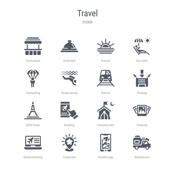 Conjunto de 16 iconos vectoriales como autocaravana, mapa móvil, punto de referencia , — Archivo Imágenes Vectoriales