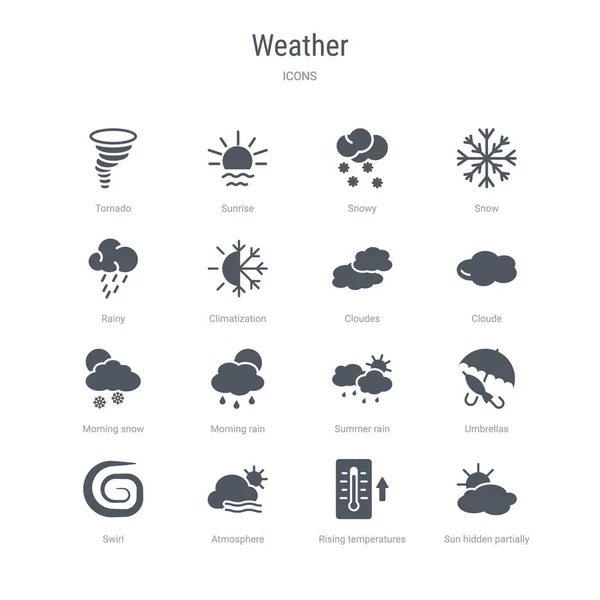 Conjunto de 16 iconos vectoriales, como el sol oculto parcialmente, la temperatura ascendente — Archivo Imágenes Vectoriales