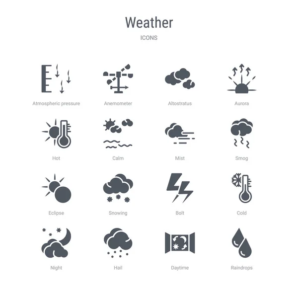 Sada 16 vektorových ikon, jako jsou dešťové kapky, denní, krupobití, noční, — Stockový vektor