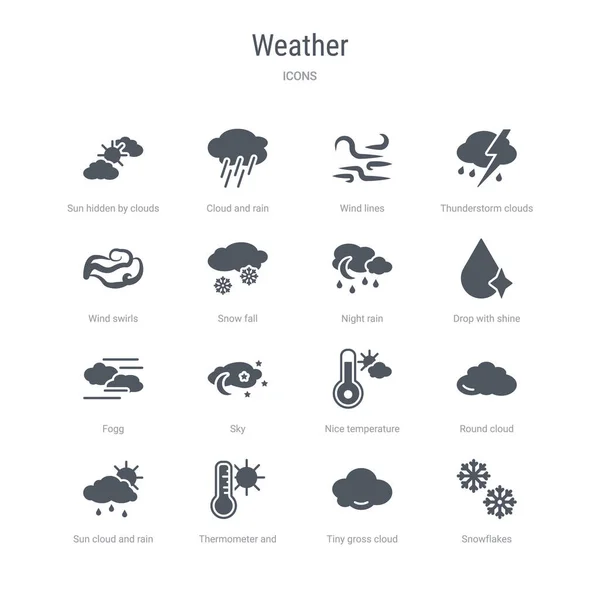 Conjunto de 16 iconos vectoriales como copos de nieve, diminuta nube gruesa, el — Archivo Imágenes Vectoriales