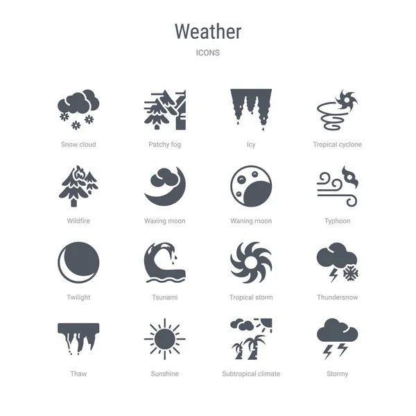 Sada 16 vektorových ikon, jako jsou bouřky, subtropické klima, slunky — Stockový vektor