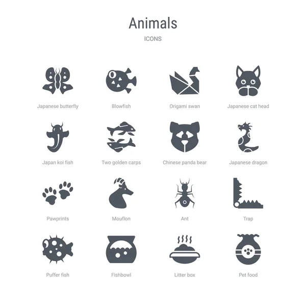Conjunto de 16 iconos vectoriales como comida para mascotas, caja de arena, pecera, p — Vector de stock