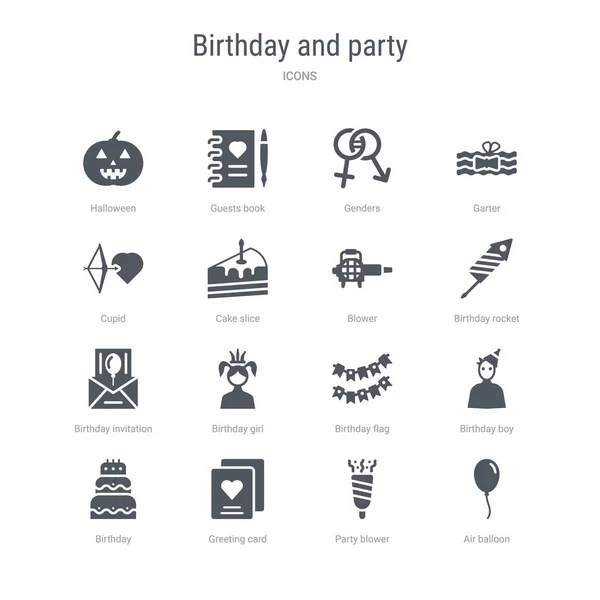Set von 16 Vektorsymbolen wie Luftballon, Partygebläse, Grußkarten — Stockvektor