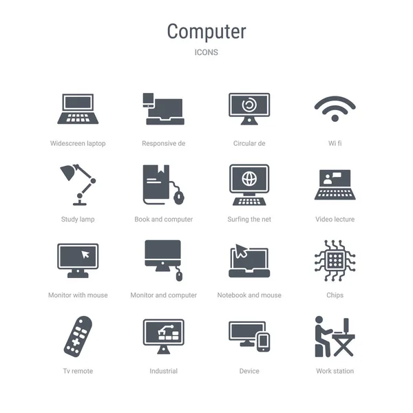 Conjunto de 16 iconos vectoriales tales como estación de trabajo, dispositivo, industrial , — Vector de stock